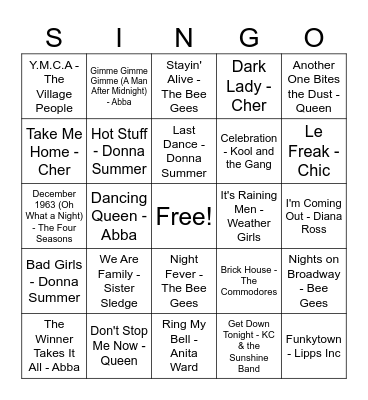 70's Karaoke Bingo Card