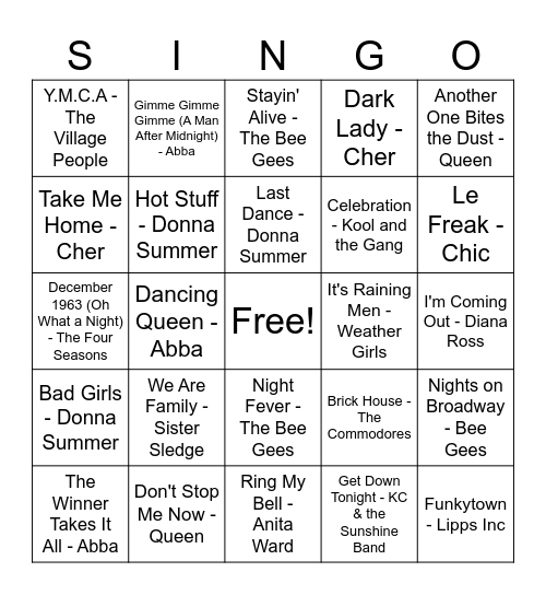 70's Karaoke Bingo Card