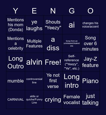 YEEZY BINGO Card