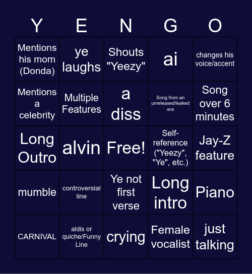YEEZY BINGO Card