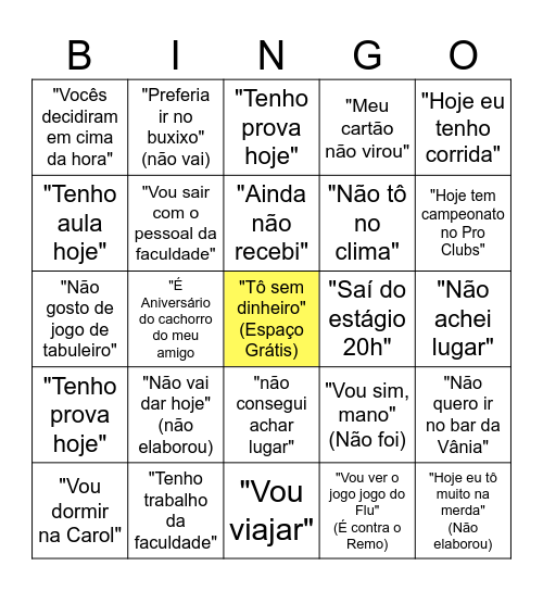 Bingo de Desculpas do Isaque Bingo Card