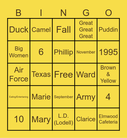 Hudson Family Bingo Card