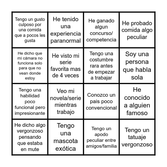 Bingo de Curiosidades Bingo Card