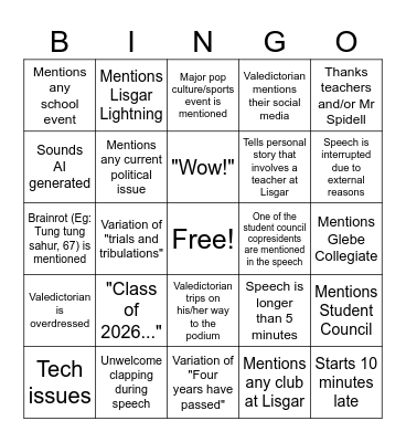 Lisgar 2026 Commencement Speech Bingo Card