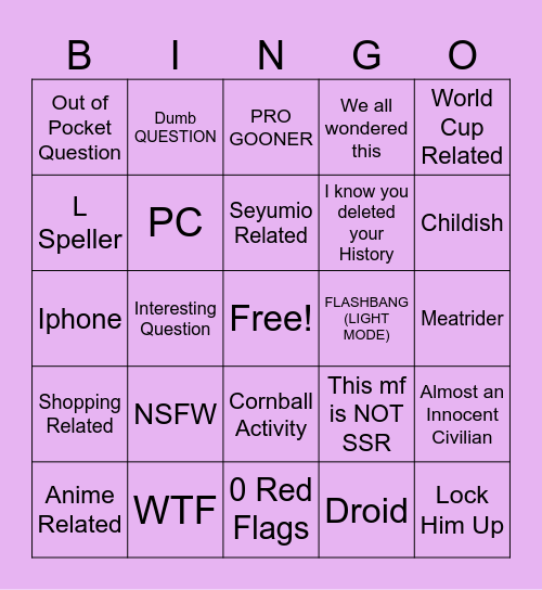 SEARCH HISTORY SSR BINGO Card