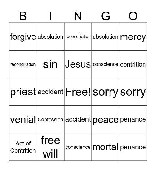 Sacrament of Penance Bingo Card