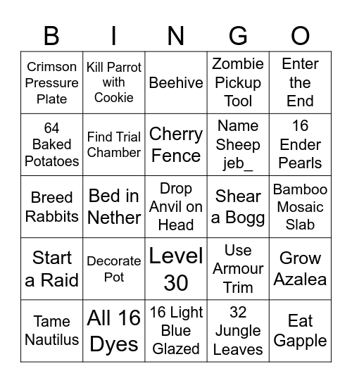 MINECRAFT BINGO 13.0 Bingo Card