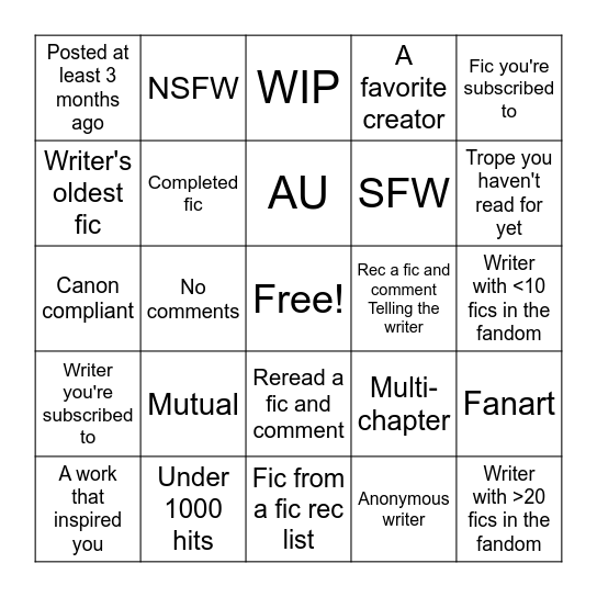 Game Changers Comment Bingo Card