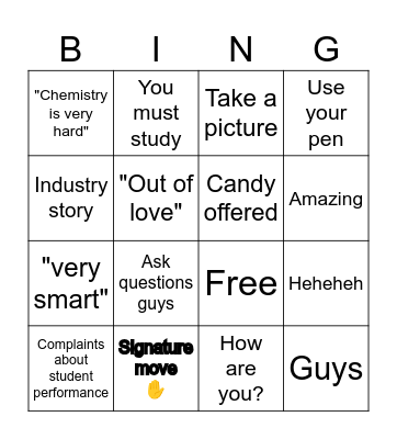 Best Chem Professor Zinger's Bingo Sheet Bingo Card