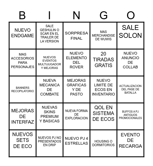 WUTHERING WAVES 3.5 Bingo Card