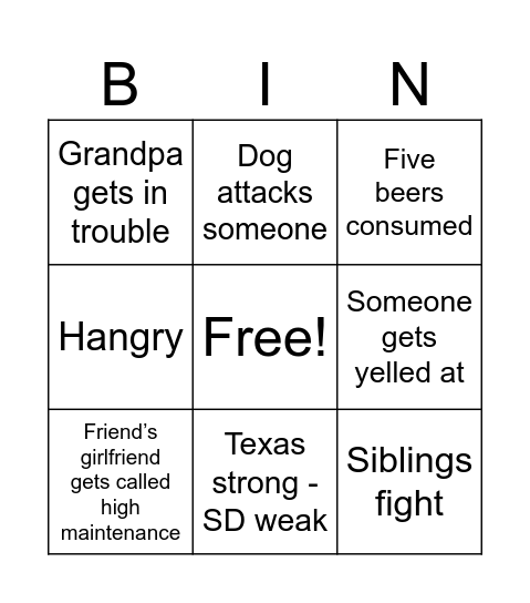 Holiday Fun Bingo Card