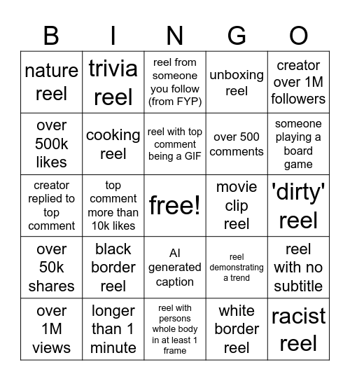 Reels Bingo Card