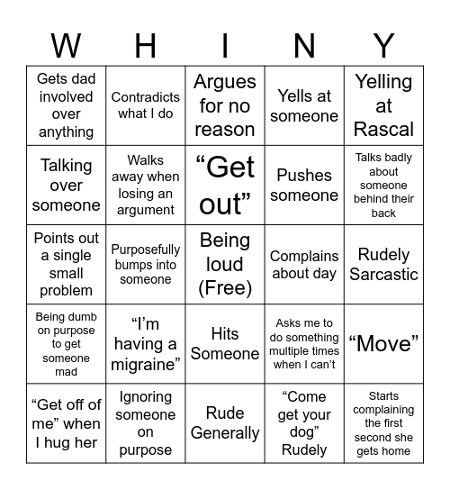 Nicole Complaining Bingo Card