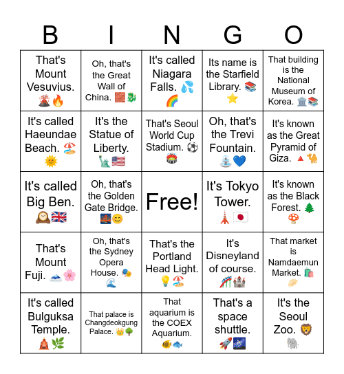 B12 L5 It's called N Seoul Tower. 🗼🌃 Bingo Card