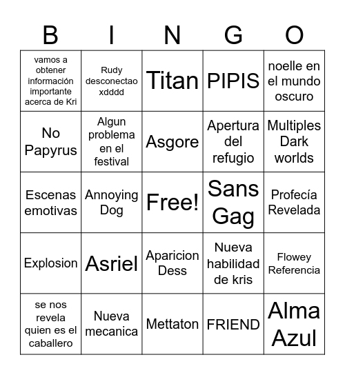 Deltarune chapter 5 Bingo Card