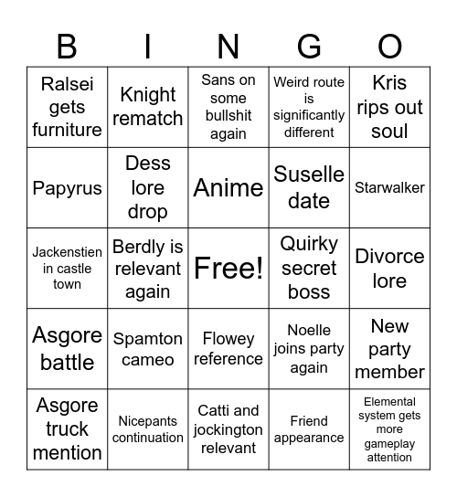 Deltarune chapter 5 Bingo Card