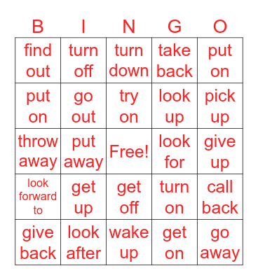 Phrasal Verbs Bingo Card