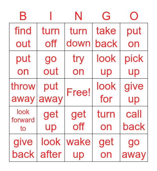 Phrasal Verbs Bingo Card