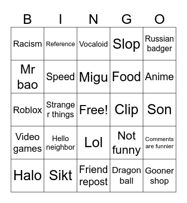 Tik Tok bingo Card