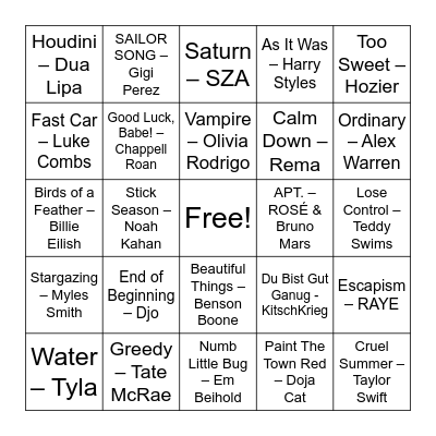 Current pop hits Bingo Card