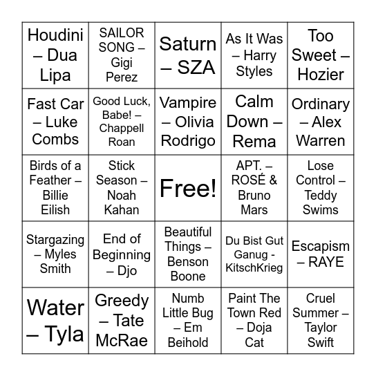 Current pop hits Bingo Card