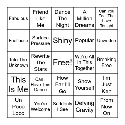 Movies, Musicals, Disney Bingo Card