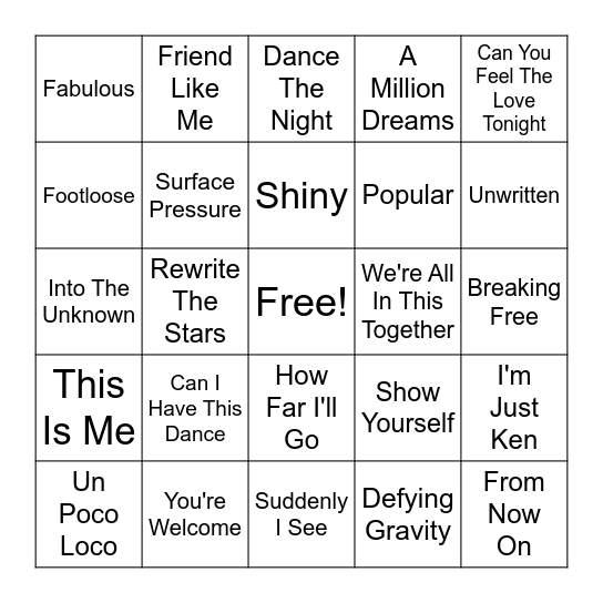Movies, Musicals, Disney Bingo Card