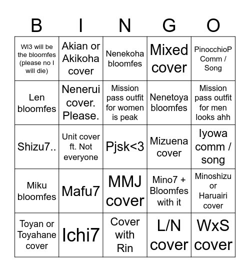 Pjsk stream predics Bingo Card
