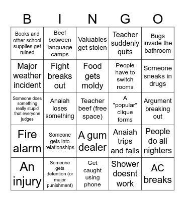 Anaiah's DE camp Bingo Card
