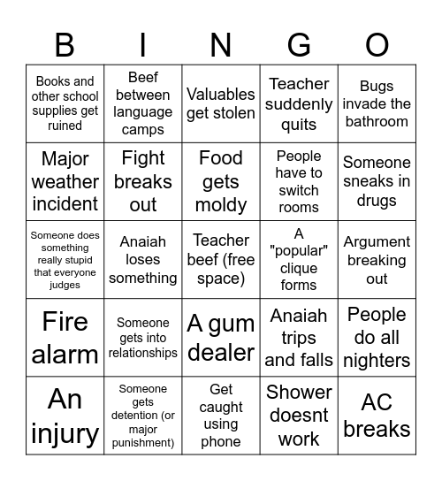 Anaiah's DE camp Bingo Card