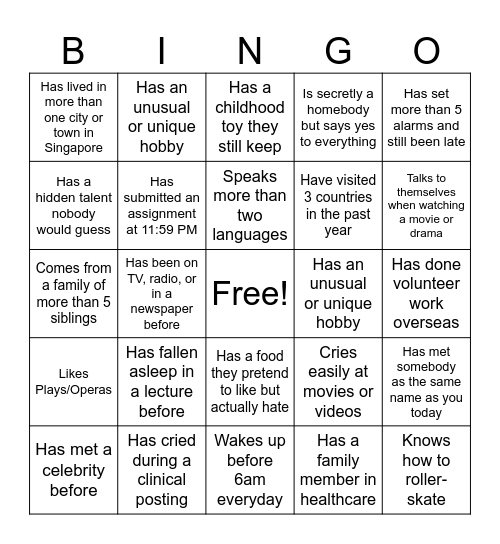 Human Bingo! Bingo Card