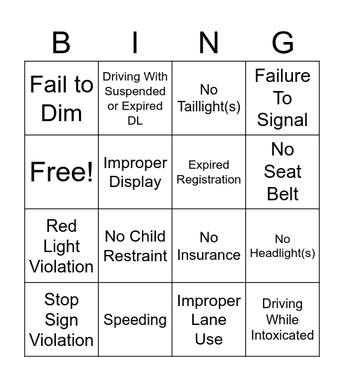 TRAFFIC STOP! Bingo Card