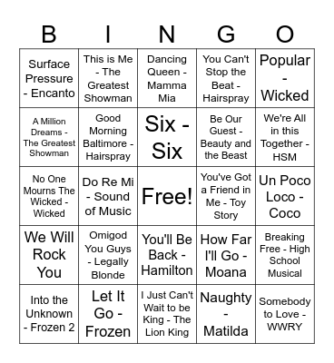 Musical Theatre Bingo Card