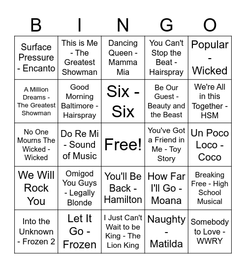 Musical Theatre Bingo Card