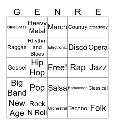 Music Genres Bingo Card
