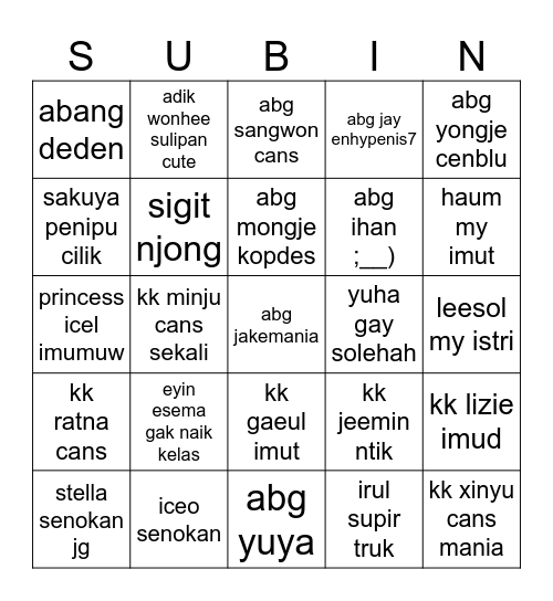 Bermain bersama Sui 🍞 Bingo Card