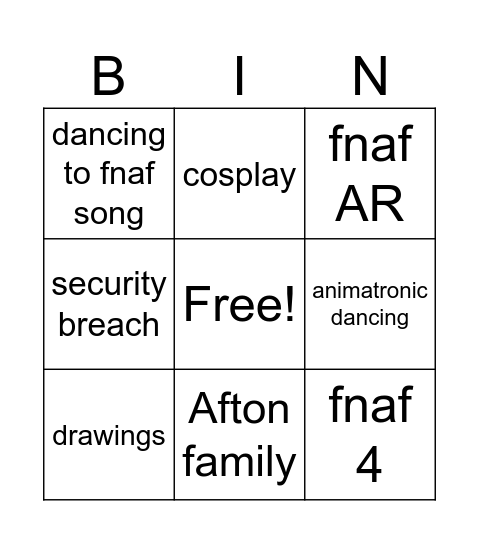 Fnaf tik toks Bingo Card