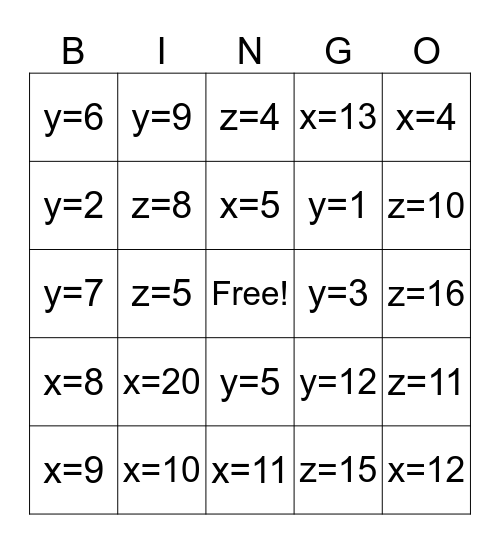 Equations Bingo Card