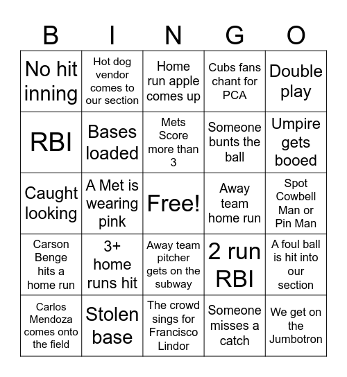 CITI FIELD BINGO 6/35 Bingo Card