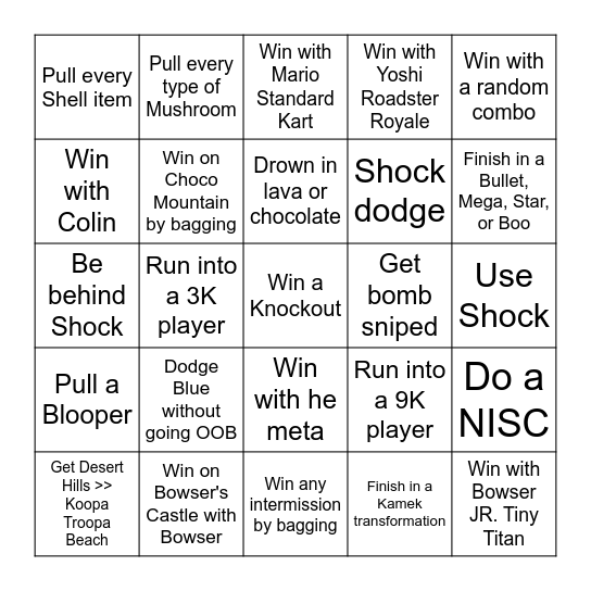 Mario Kart World Bingo Card