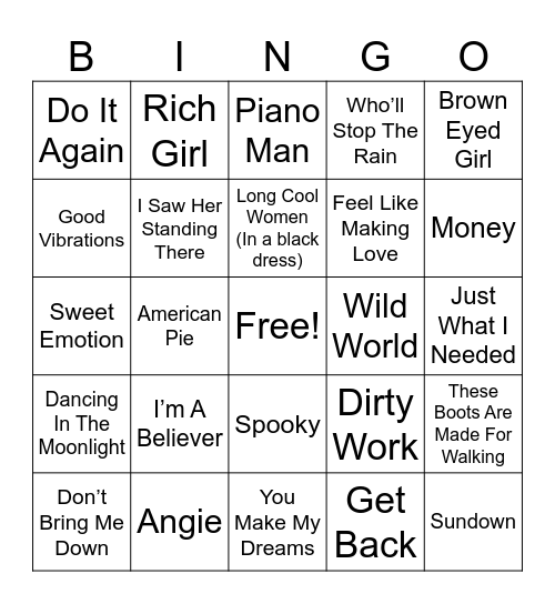 ===60’s-70’s=== Bingo Card