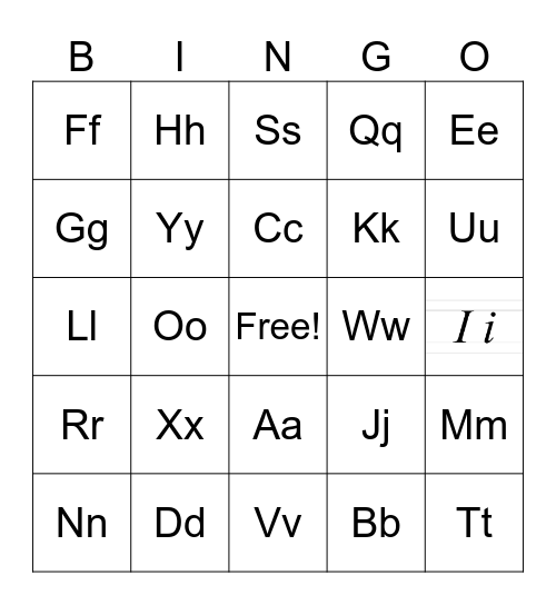LETTERS Bingo Card