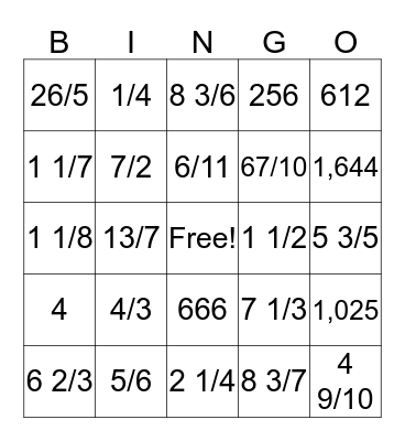 Fraction Bingo Card