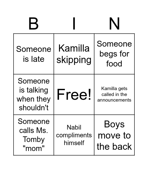 7E Bingo Card