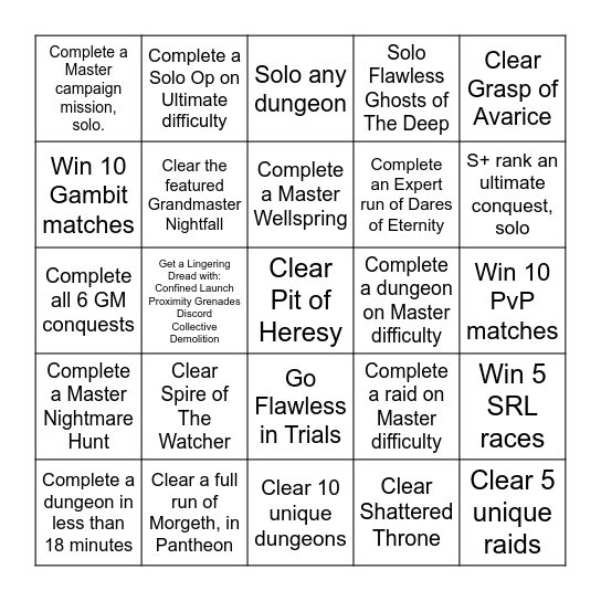 Destiny Bingo! Bingo Card