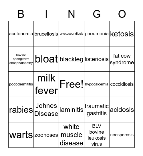 Animal Health Bingo Card