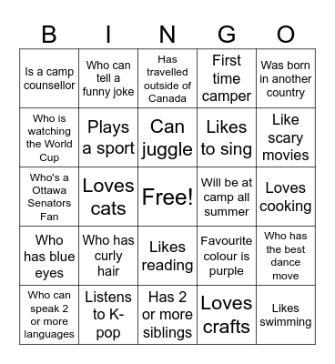 Summer Camp Get to Know You Bingo Card