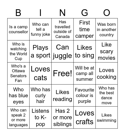 Summer Camp Get to Know You Bingo Card