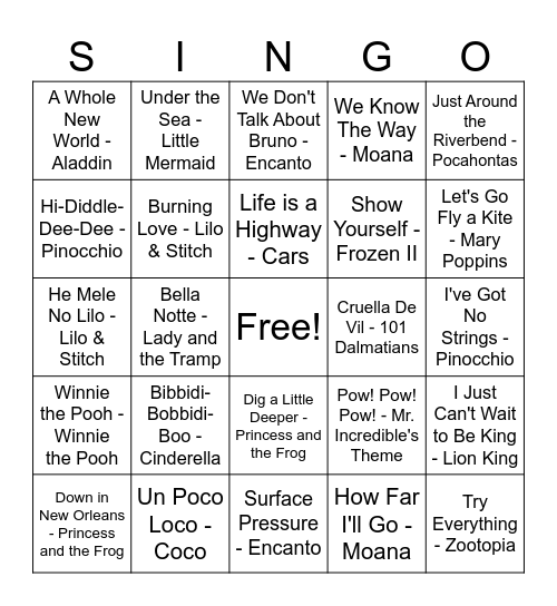 Disney Bingo Card