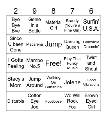 Songs of the Decades Bingo Card